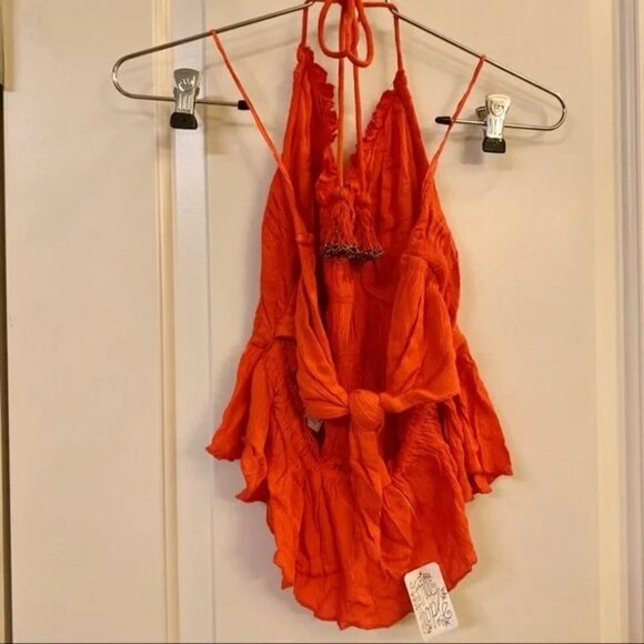 Free People Orange Red Hooked on You Halter Top Skirt Co-ord 2-Piece Set - Picture 7 of 12